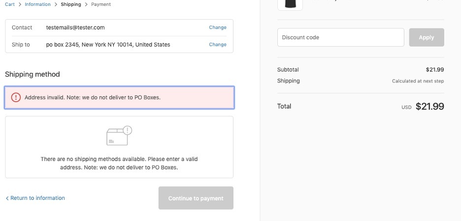 Shopify Restrict PO Box Example 1